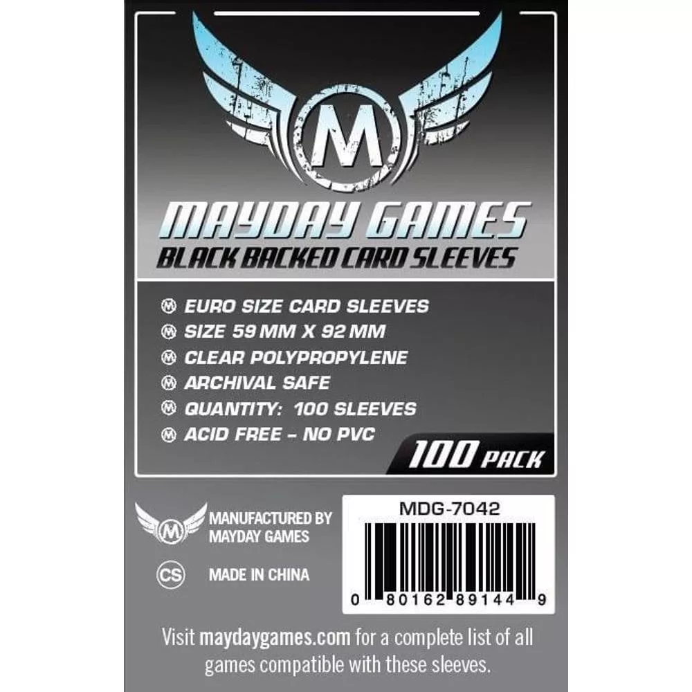 Mayday Games Euro méretű kártyavédő (100 db-os csomag) 59 mm x 92 mm, fekete hátlap